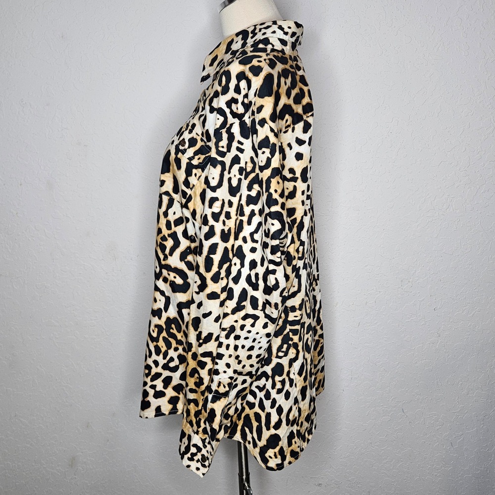 Jones New York Signature‎ Woman Leopard Print Button Up Shirt Long Sleeve Tan 1X - Picture 3 of 5